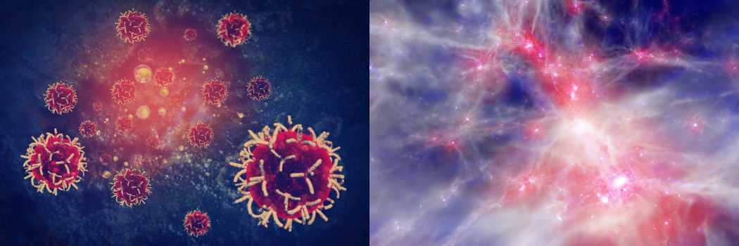 An image of cancer cells alongside The EAGLE simiulated universe from Durham鈥檚 Institute for Computational Cosmology and the Virgo Consortium